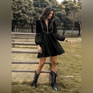 Chic Black Long Sleeve Dress with Lace Accents